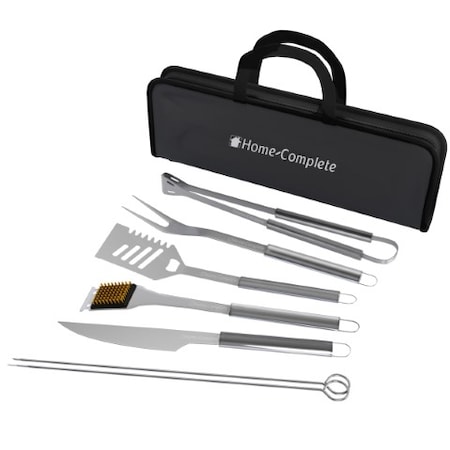 Hastings Home BBQ Grill Tool Stainless Steel Barbecue Grilling Set, 7 Utensils, Spatula, Tongs, Knife with Case 244022SUZ